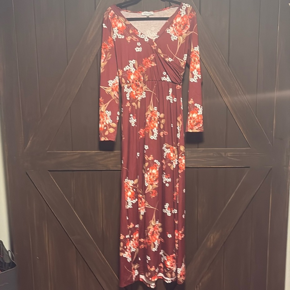 Aooksmery- Medium Burgundy with floral design Floor length dress.